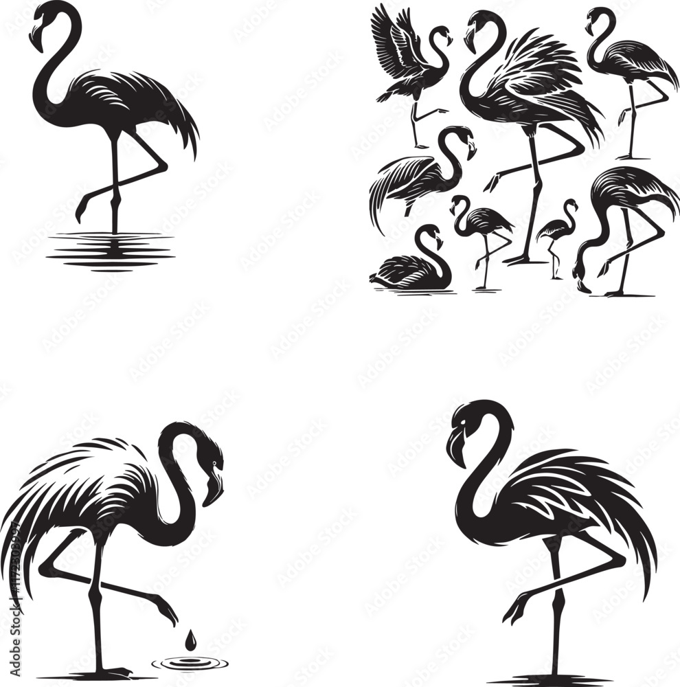 Obraz premium Flamingos black and white silhouette assets in vector farm