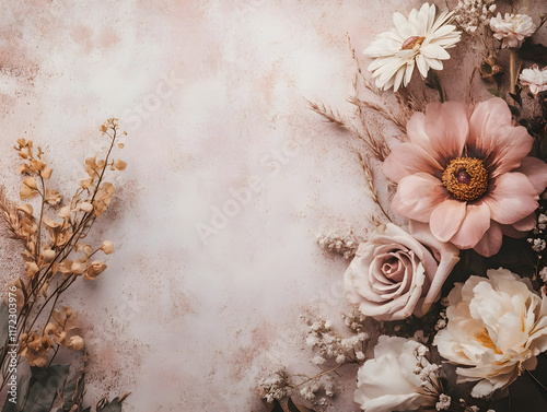 Vintage rose floral paper texture with grunge border for scrapbook design