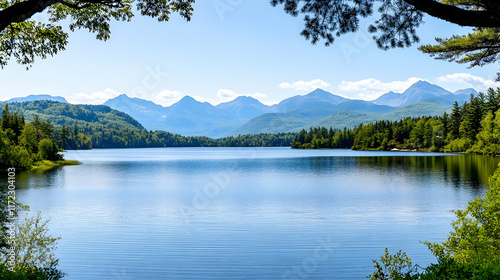 Serene mountain lake view framed by trees on a sunny day, ideal for travel brochures or calendars.