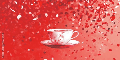 A Teacup Amidst Falling Red Petals photo