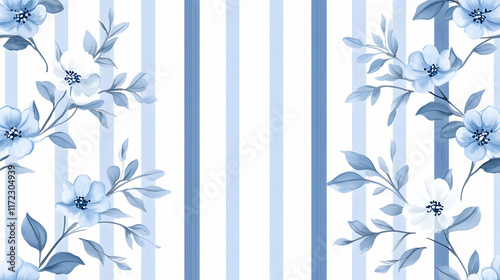Blue floral pattern on striped background; textile design, wallpaper, fabric print.
