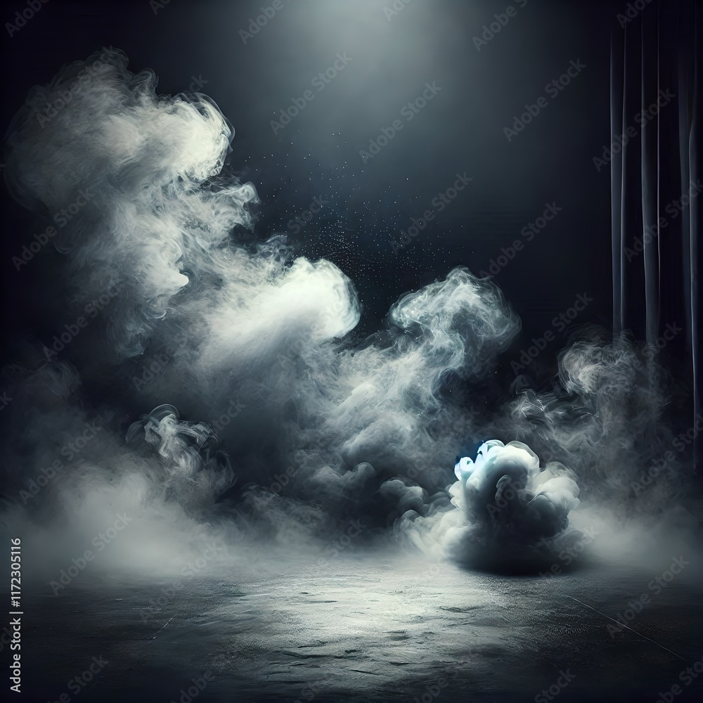 Fototapeta premium A dark background sets stage for an atmospheric stock photo, featuring an empty floor shrouded in billowing smoke, creating a sense of mystery and intrigue