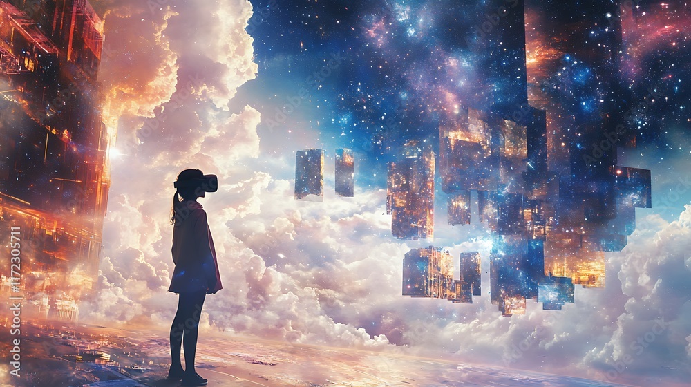Fototapeta premium A girl using a virtual reality headset, immersed in a futuristic universe sky filled with galaxies and stars, blending reality and technology
