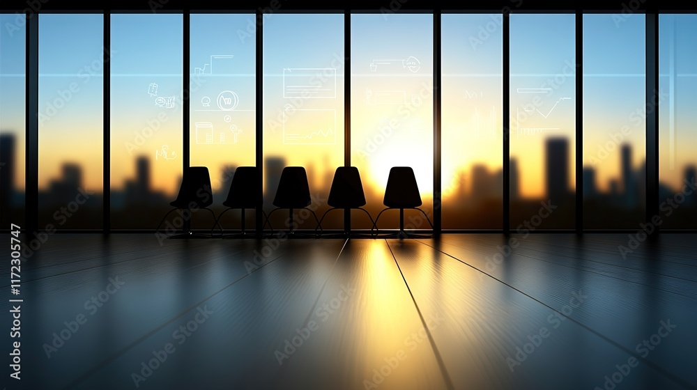 Fototapeta premium Modern Office Interior with Chairs and Beautiful Sunset View
