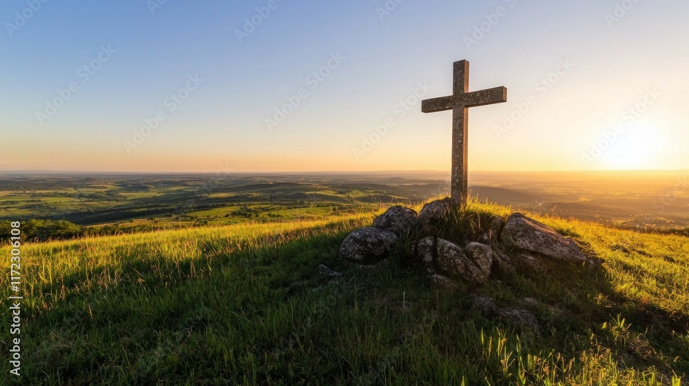 A serene landscape featuring a wooden cross on a grassy hill during sunset, symbolizing faith and reflection in nature. A serene landscape featuring a wooden cross on a grassy hill during sunset, symbolizing faith and reflection in nature.