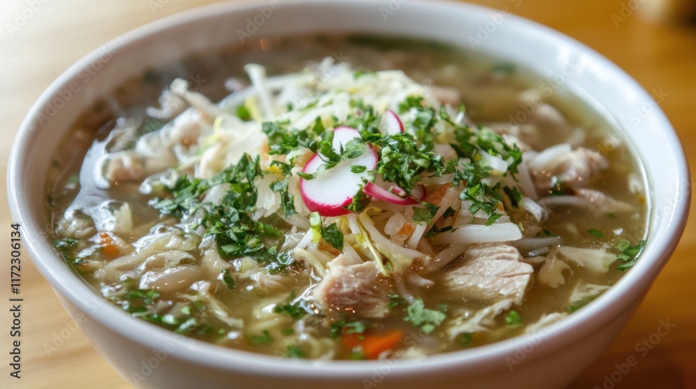 Bowl of creamy soup with meat and vegetables garnished with fresh herbs and radish slices Bowl of creamy soup with meat and vegetables garnished with fresh herbs and radish slices