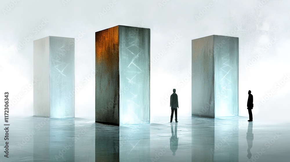 Fototapeta premium Abstract Exploration of Monoliths with Human Silhouettes in Fog