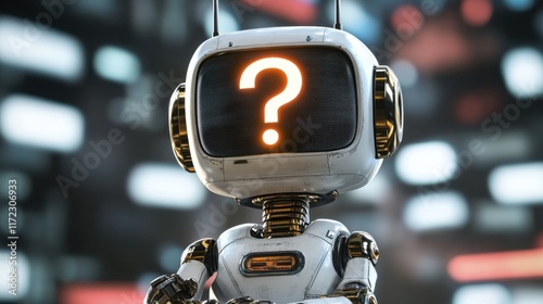 Close-up of cartoon-style robot face with glowing question mark against blurred background
