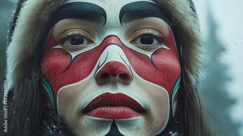 Totem pole close-up from Saxman Village in Alaska.  photo