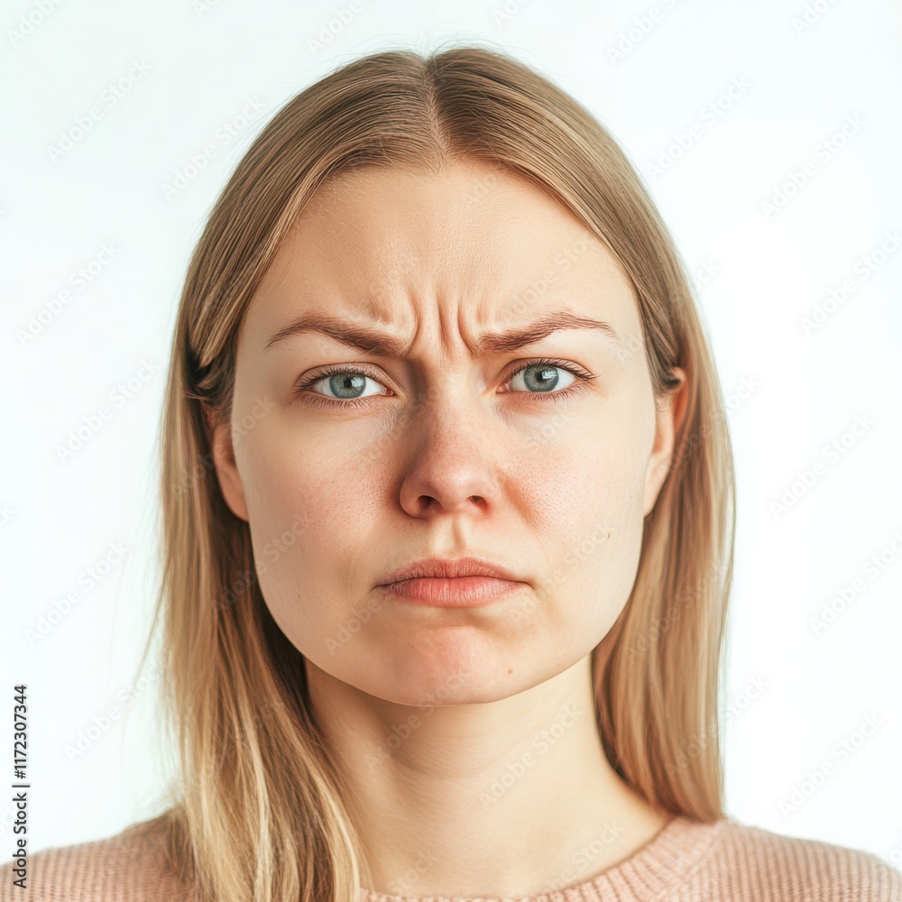 A Finnish woman with a completely straight face and subtly raised eyebrows, radiating dry humor, on a white background A Finnish woman with a completely straight face and subtly raised eyebrows, radiating dry humor, on a white background