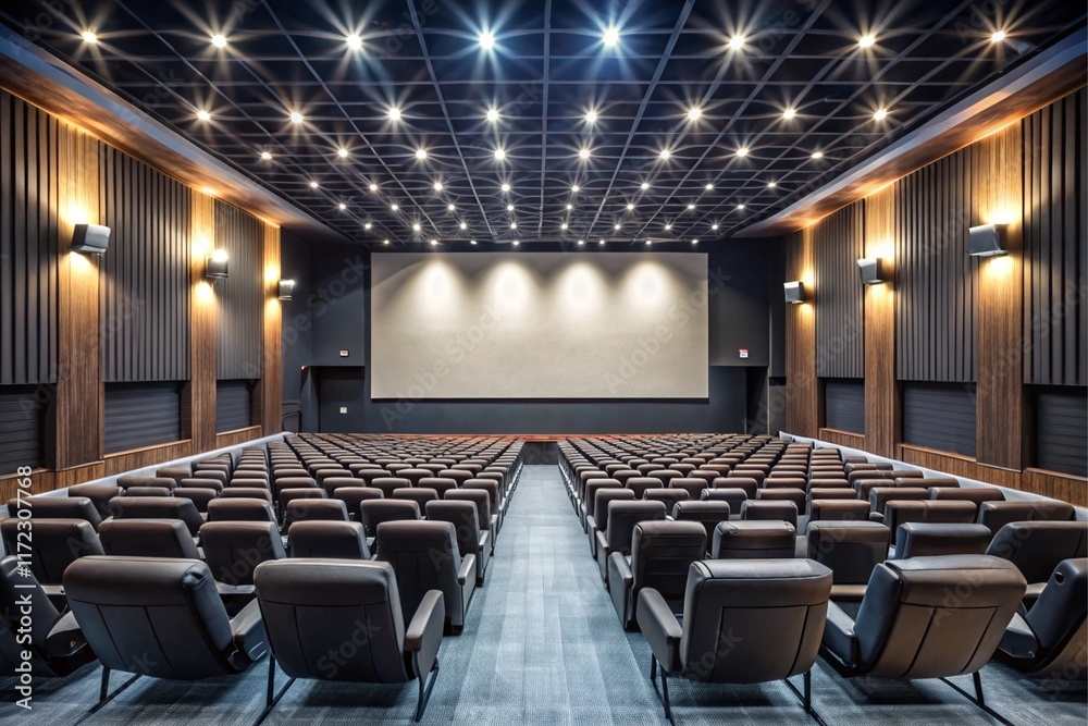 A large auditorium with rows of chairs and a large screen A large auditorium with rows of chairs and a large screen
