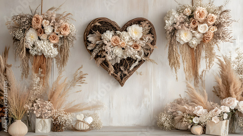A vintage wooden heart-shaped frame with a red Christmas wreath, perfect for holiday cards and romantic Valentine's Day celebrations