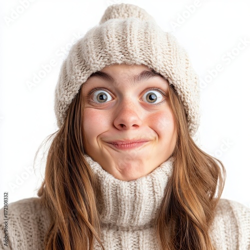 A Swedish teenager with wide, blinking eyes and a frozen smile, conveying polite confusion, on a white background