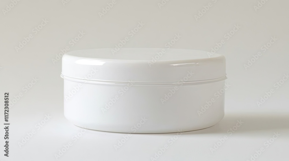 A plain white container with a smooth surface, likely for storage or cosmetic products. A plain white container with a smooth surface, likely for storage or cosmetic products.
