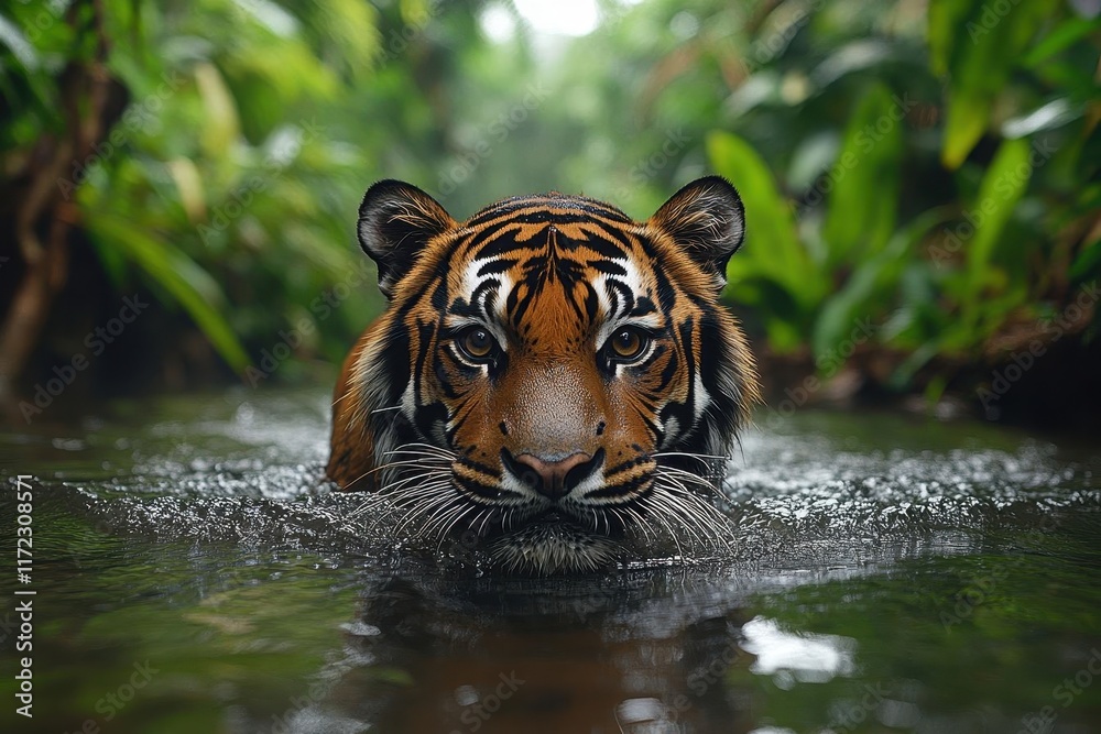 powerful sumatran tiger swimming gracefully across a tranquil jungle river surrounded by lush green foliage capturing the majesty of wildlife in its natural habitat powerful sumatran tiger swimming gracefully across a tranquil jungle river surrounded by lush green foliage capturing the majesty of wildlife in its natural habitat