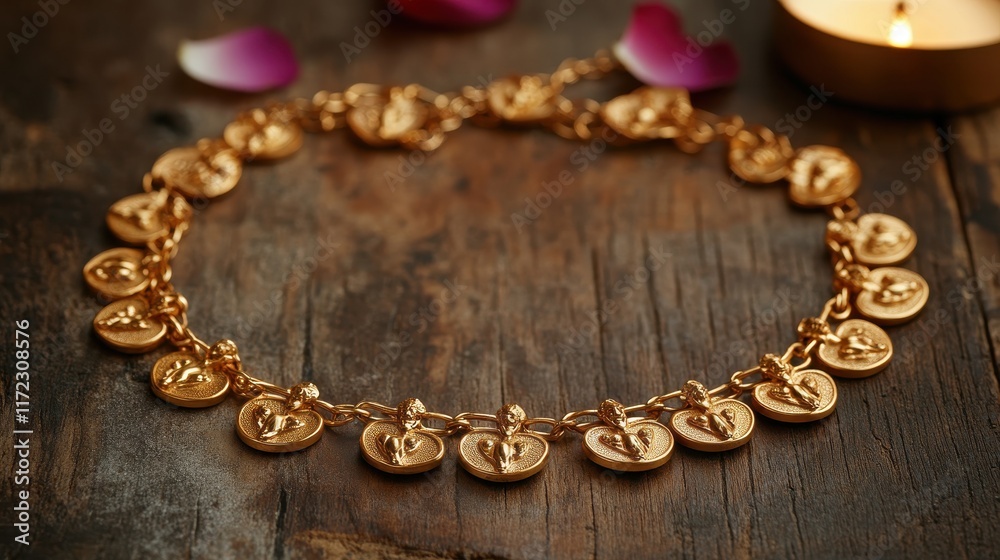 Gold necklace with cherub heart pendants rests on wood Gold necklace with cherub heart pendants rests on wood