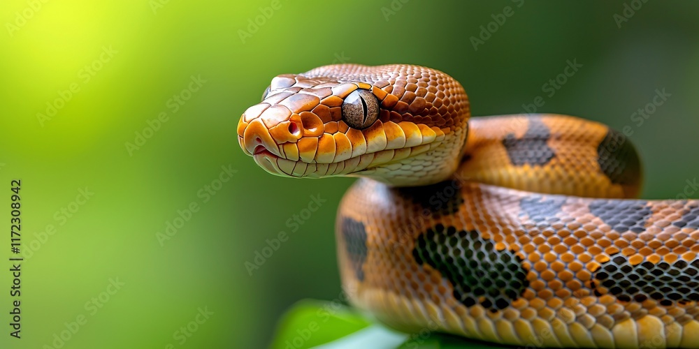 Snake concept. Colorful snake resting on a branch with blurred green background. Snake concept. Colorful snake resting on a branch with blurred green background.