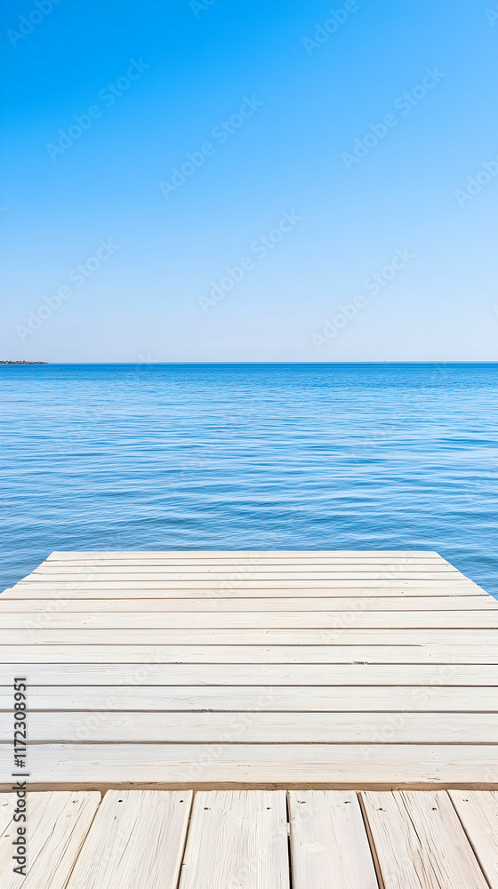 Fototapeta premium Serene lake view from wooden dock; calm water, clear sky, peaceful background; ideal for travel, relaxation, and nature themes.