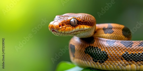 Snake concept. Colorful snake resting on a branch with blurred green background. photo