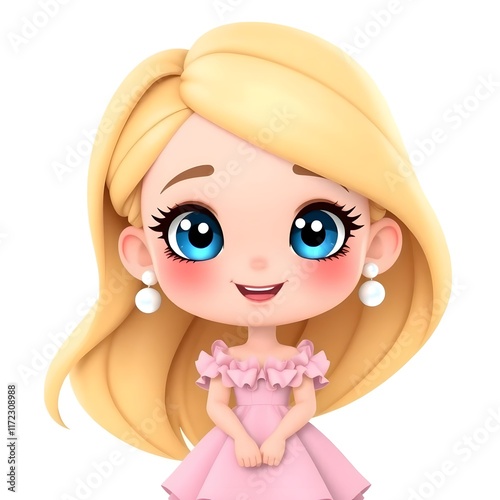 Adorable 3D Render of a Cute Blonde Girl in a Pink Dress, Big Eyes, and Pearl Earrings.  A Delightful Childrens Illustration photo