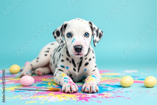 Dalmatian puppy with paint-covered paws and face, resting on a colorful splatter background, with pastel eggs and brush, playful concept. Ai generative photo