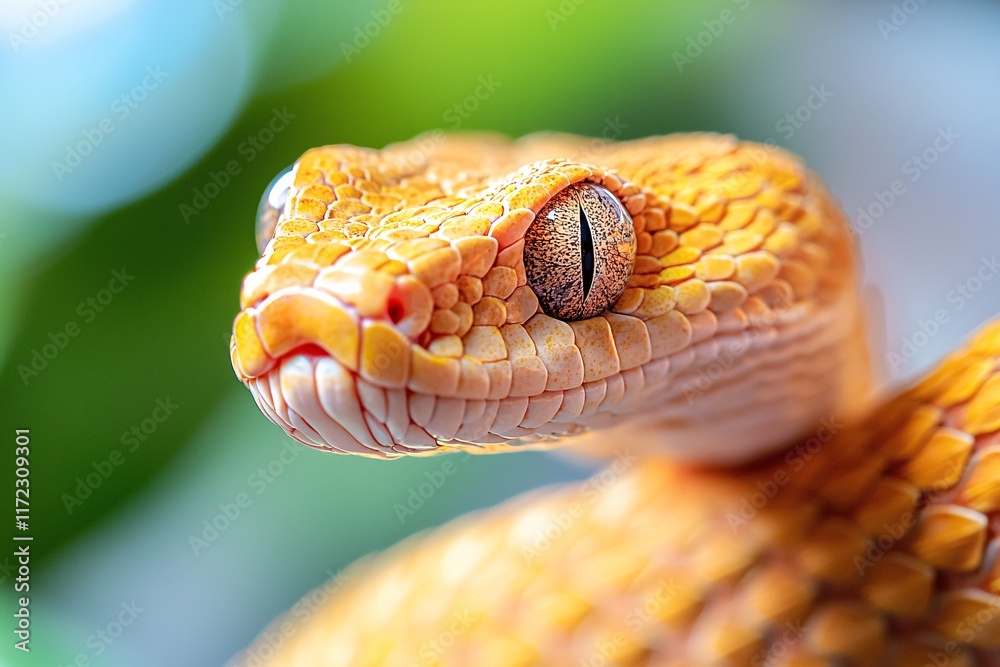 Snake concept. Close-up of an orange snake with distinctive eyes and textured scales. Snake concept. Close-up of an orange snake with distinctive eyes and textured scales.