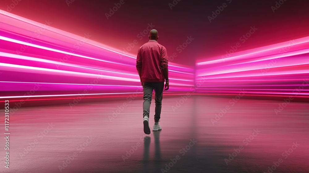 Person Walking in Neon Corridor with Vibrant Light Effects Person Walking in Neon Corridor with Vibrant Light Effects