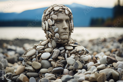 A magnificent tableau of river rocks, meticulously arranged along shoreline, showcases their extraordinary forms, dimensions, and captivating narratives they unveil through their exquisite configurati photo