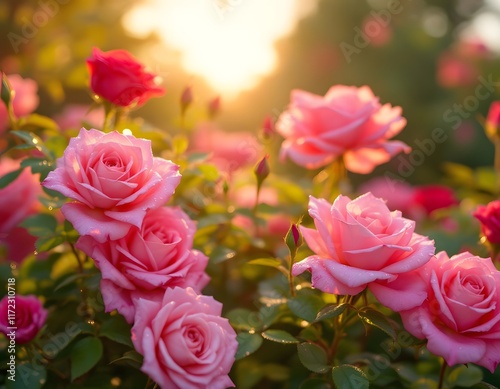 Sunrise Roses: A Gentle Pink Garden in Golden Light