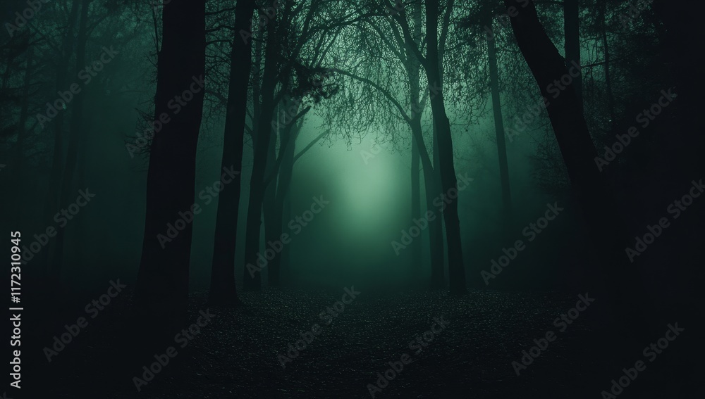 Naklejka premium Eerie fog shrouds dark forest path at night.