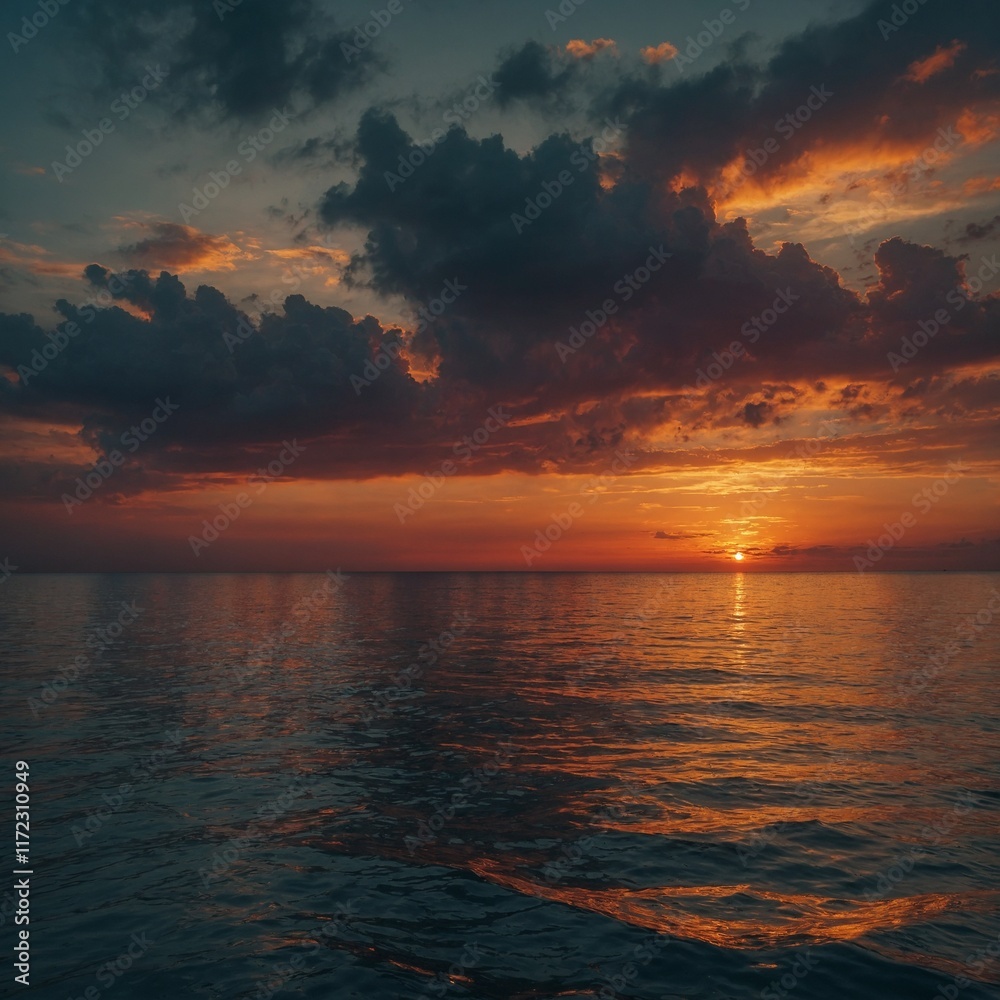 Fototapeta premium A calm sea during a fiery sunset.