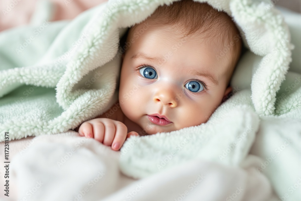 Cute baby with bright blue eyes wrapped in a fluffy green blanket, resting on a soft background. Concept of innocence, warmth, and comfort. Ai generative Cute baby with bright blue eyes wrapped in a fluffy green blanket, resting on a soft background. Concept of innocence, warmth, and comfort. Ai generative