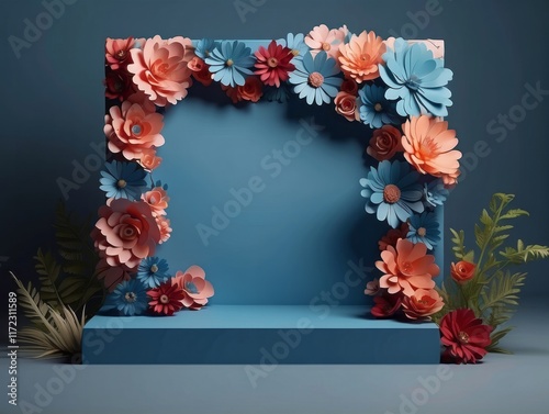 abstract blue botanical background. floral arch. Shop product display showcase, empty podium