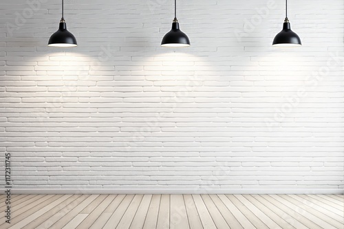 White brick wall with three hanging lights illuminating the area. Wooden flooring complements the minimalistic interior. Concept of room template. Ai generative.