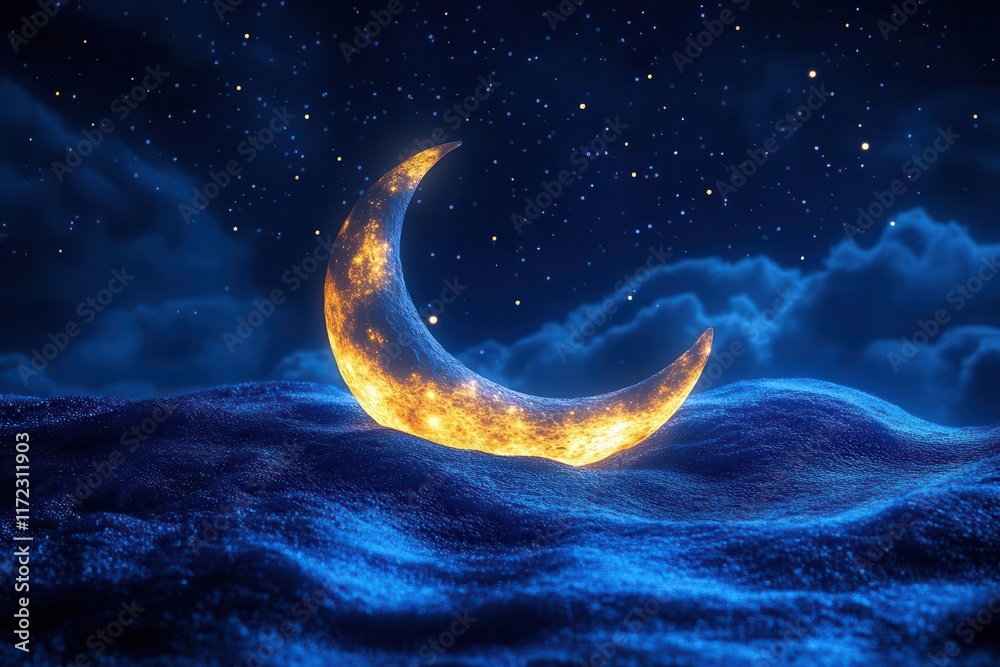 ramadan crescent moon shining brightly against a deep blue night sky adorned with twinkling stars symbolizing hope spirituality and the essence of the holy month ramadan crescent moon shining brightly against a deep blue night sky adorned with twinkling stars symbolizing hope spirituality and the essence of the holy month