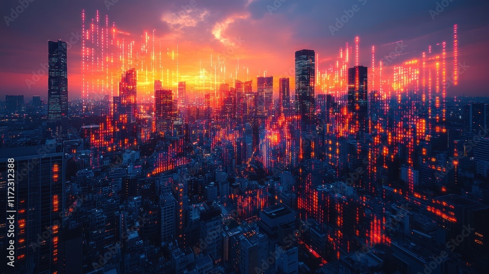 Fototapeta premium Vibrant cityscape at sunset overlaid with digital elements