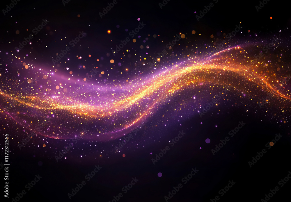 A vibrant abstract background of purple and gold glitter lights with defocused particles, evoking the beauty and mystery of a cosmic galaxy. A vibrant abstract background of purple and gold glitter lights with defocused particles, evoking the beauty and mystery of a cosmic galaxy.