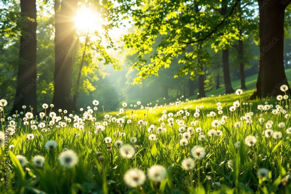 Obraz premium Dandelion-filled meadow in a forest, illuminated by soft sunlight. Warm tones and serene ambiance create a peaceful nature concept. Ai generative