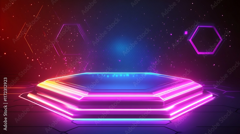 An abstract futuristic hexagonal design with vibrant, glowing neon effects, creating a modern technological aesthetic An abstract futuristic hexagonal design with vibrant, glowing neon effects, creating a modern technological aesthetic