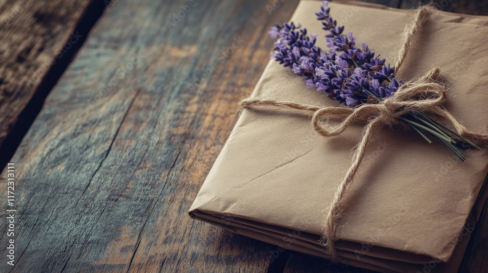 A folded letter wrapped in twine, adorned with a sprig of lavender on a rustic wooden surface. A folded letter wrapped in twine, adorned with a sprig of lavender on a rustic wooden surface.