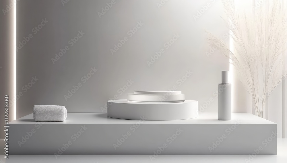 Minimalist White Product Display Platform with Pampas Grass and Soft Pink Background Minimalist White Product Display Platform with Pampas Grass and Soft Pink Background
