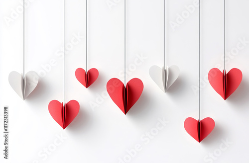 Hanging paper hearts are arranged in a whimsical Valentine's Day design against a white background, creating a playful and romantic atmosphere.