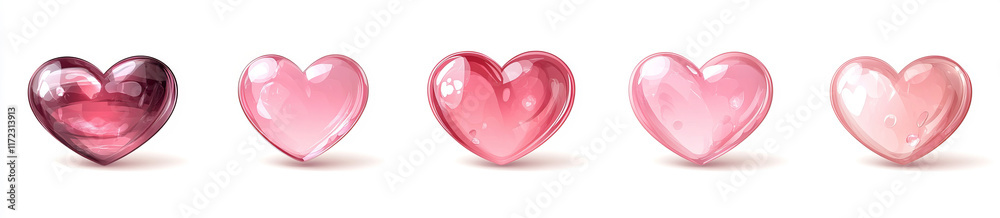 Glossy pink hearts of varying sizes on a white background offer a soft, pastel tone, ideal for Valentine's Day or love-themed designs. Glossy pink hearts of varying sizes on a white background offer a soft, pastel tone, ideal for Valentine's Day or love-themed designs.