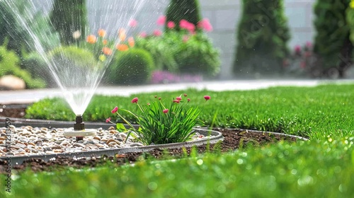 A smart sprinkler system managing lawn irrigation, offering efficient water usage and convenience for modern home improvement and garden care. Ideal for eco-friendly and smart home solutions photo