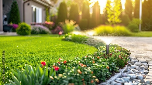 A smart sprinkler system managing lawn irrigation, offering efficient water usage and convenience for modern home improvement and garden care. Ideal for eco-friendly and smart home solutions