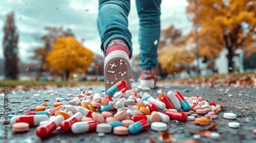 A person walks past scattered colorful pills on a road, surrounded by autumn trees, conveying themes of carelessness and the potential dangers of medication. photo