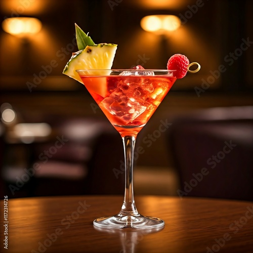 A French martini cocktail with vodka, raspberry liqueur, pineapple juice, and a raspberry garnish in a martini glass