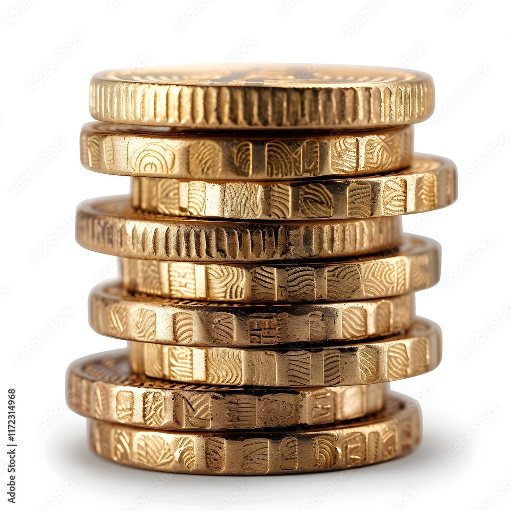 A Stacked Pile of Golden Coins on a Plain White Background Representing Financial Wealth and A Stacked Pile of Golden Coins on a Plain White Background Representing Financial Wealth and