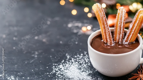 Sweet Churro Delight: Warm, cinnamon-sugar churros dipped in rich, decadent hot chocolate. A cozy, festive treat perfect for winter holidays or a special occasion.
