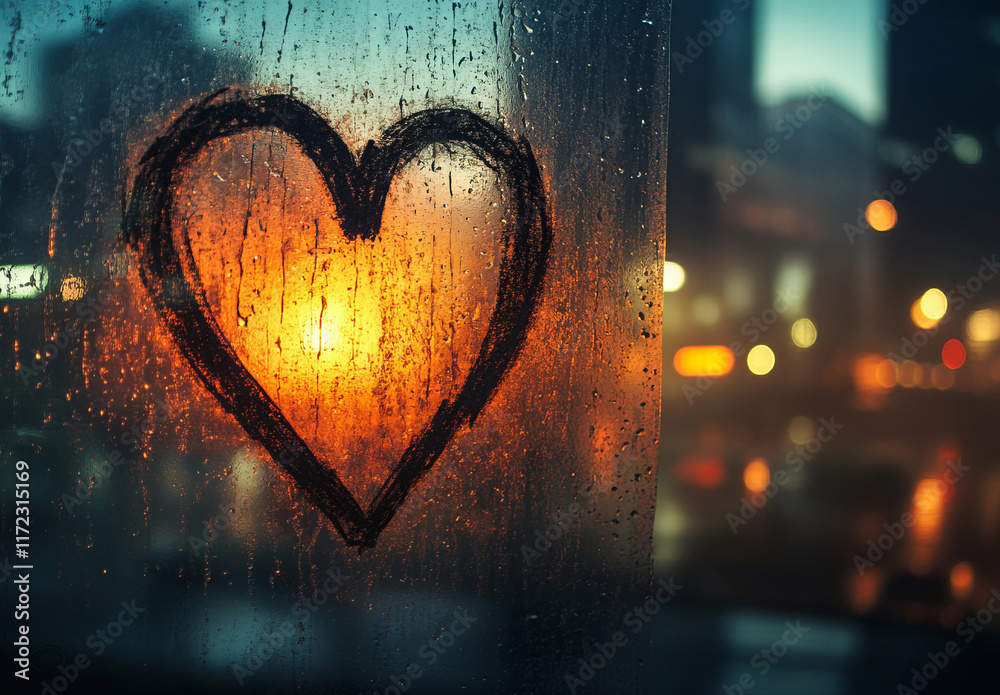 Obraz premium A heart drawn on a fogged window with a city skyline in the background symbolizes urban love, blending intimacy with the vibrance of modern life.